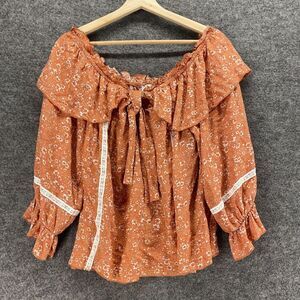 Emelia Blouse Women L Large Brown Floral V-Neck Tasseled Long Sleeve Rayon